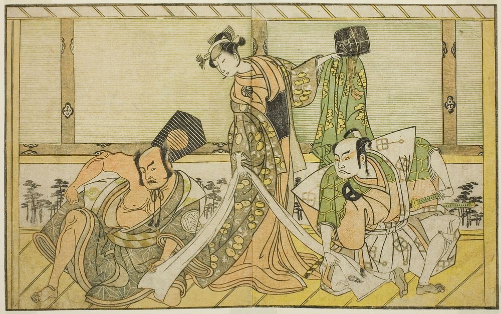 The Actors Otani Hiroji III as Kawazu no Saburo (right), Segawa Kikunojo II as Princess Tatsu (Tatsu Hime) (center), and…