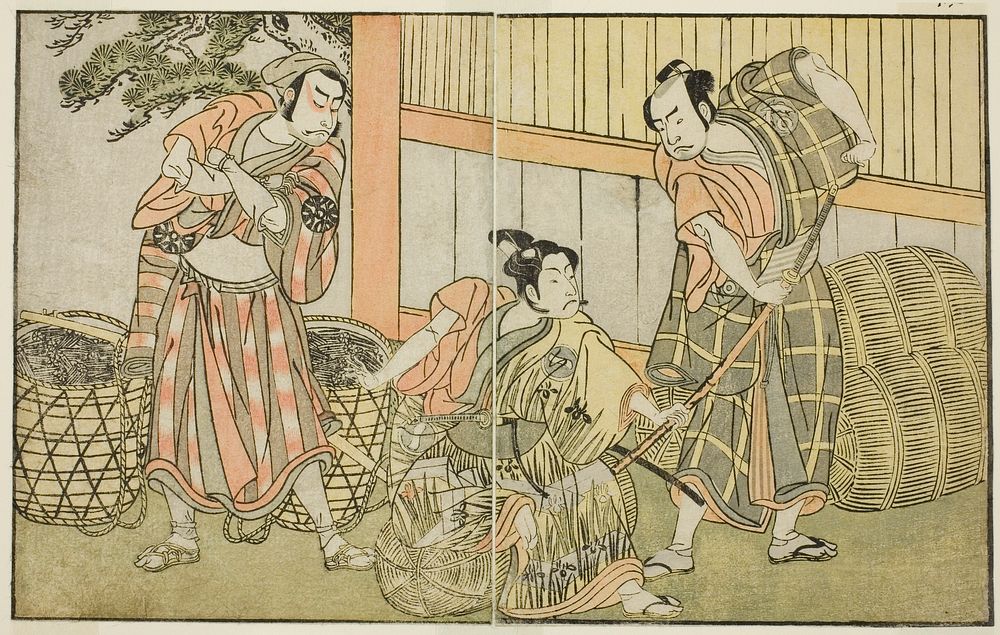 The Actors Kasaya Matakuro II as Hagun Taro (right), Ichikawa Monnosuke II as Izutsu no Suke Narihira (center), and Nakamura…