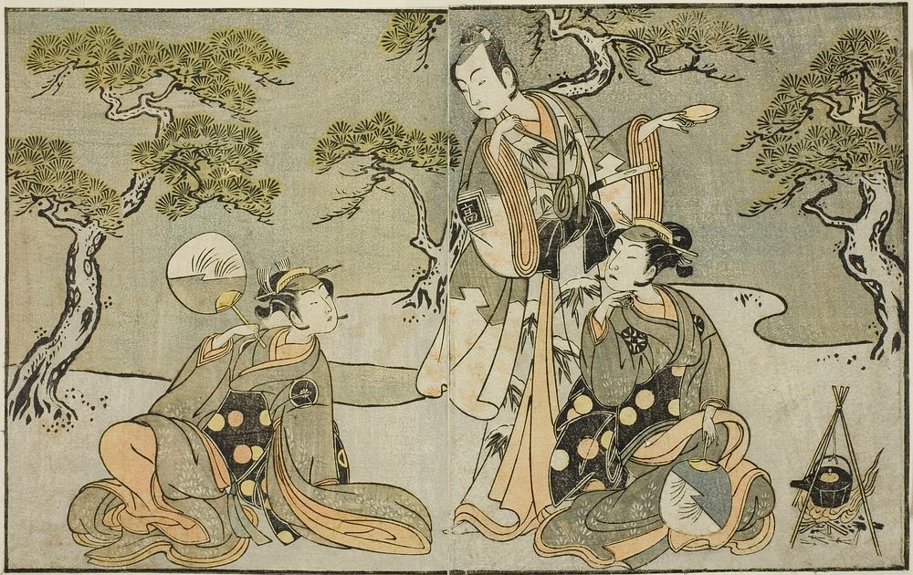 The Actors Nakamura Nakazo I as Matsukaze (right), Ichikawa Komazo II as Ariwara no Yukihira (center), and Iwai Hanshiro IV…