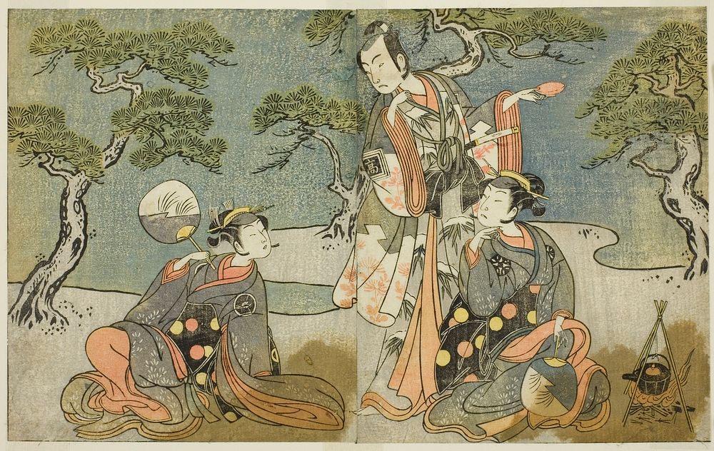 The Actors Nakamura Nakazo I as Matsukaze (right), Ichikawa Komazo II as Ariwara no Yukihira (center), and Iwai Hanshiro IV…