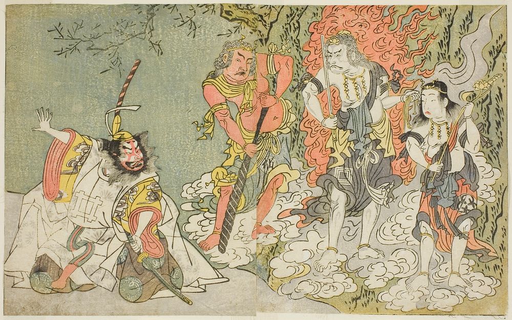 The Actors Sawamura Kijuro I as Ikazuchi Shinno, Prince of Thunder (far left), Ichikawa Danjuro V as the Buddhist Deity Fudo…