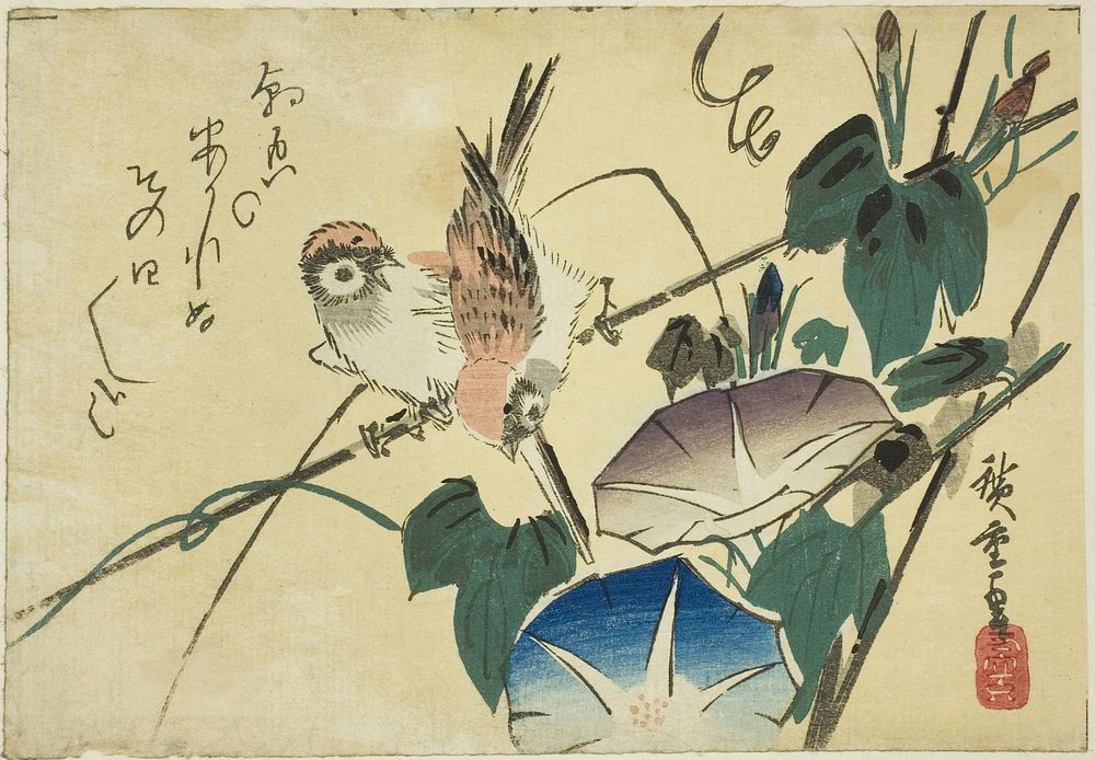 Sparrows and morning glories by Utagawa Hiroshige