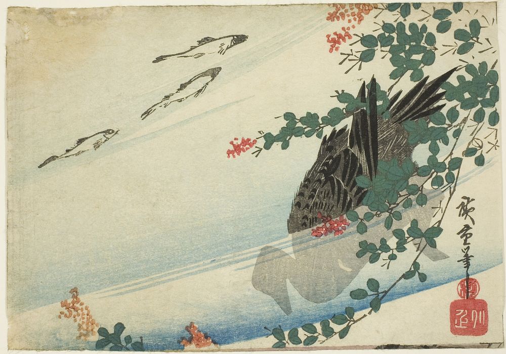 Trouts, duck, and bush clover by Utagawa Hiroshige