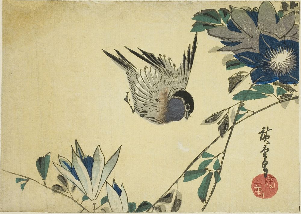Bullfinch and clematis by Utagawa Hiroshige