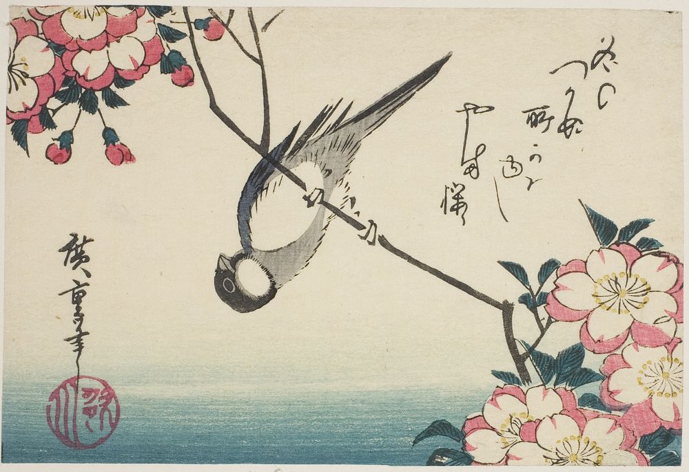 Great tit on cherry blossom branch by Utagawa Hiroshige