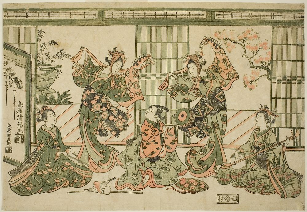 Entertainers performing the hobby-horse dance by Torii Kiyomitsu I