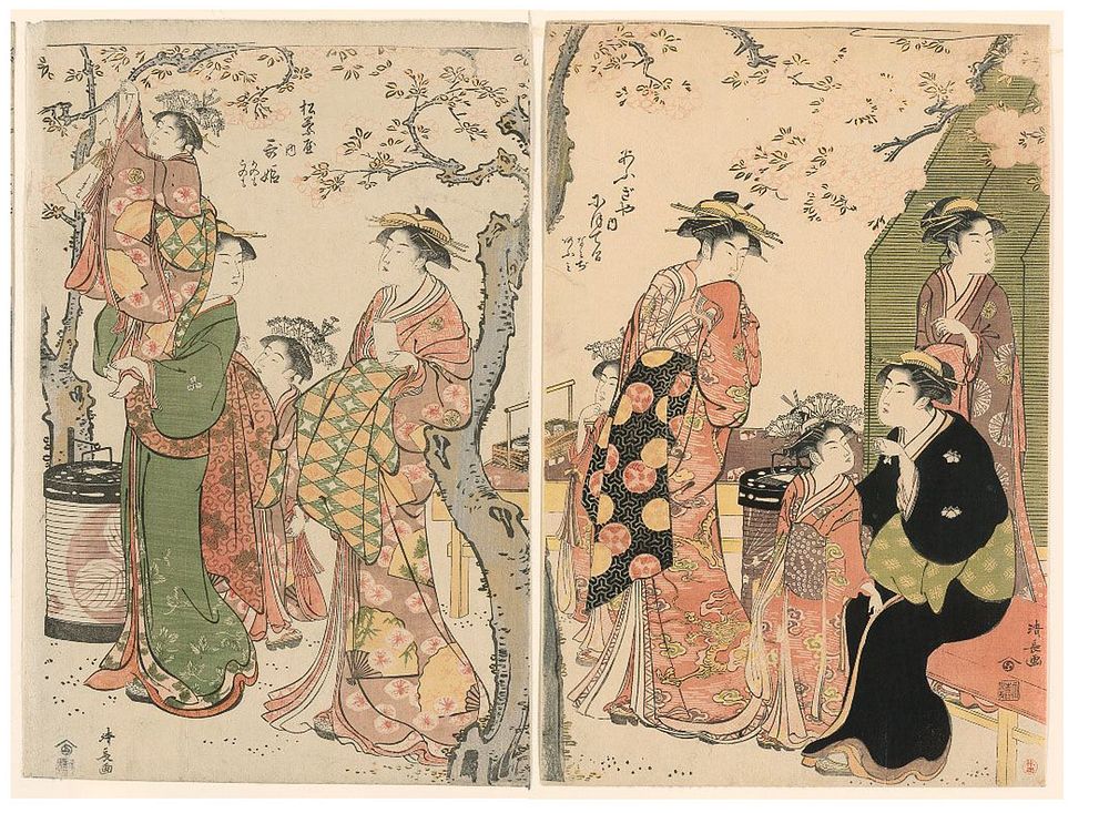 Courtesans and Their Child Attendants under Blossoming Cherry Trees by Torii Kiyonaga