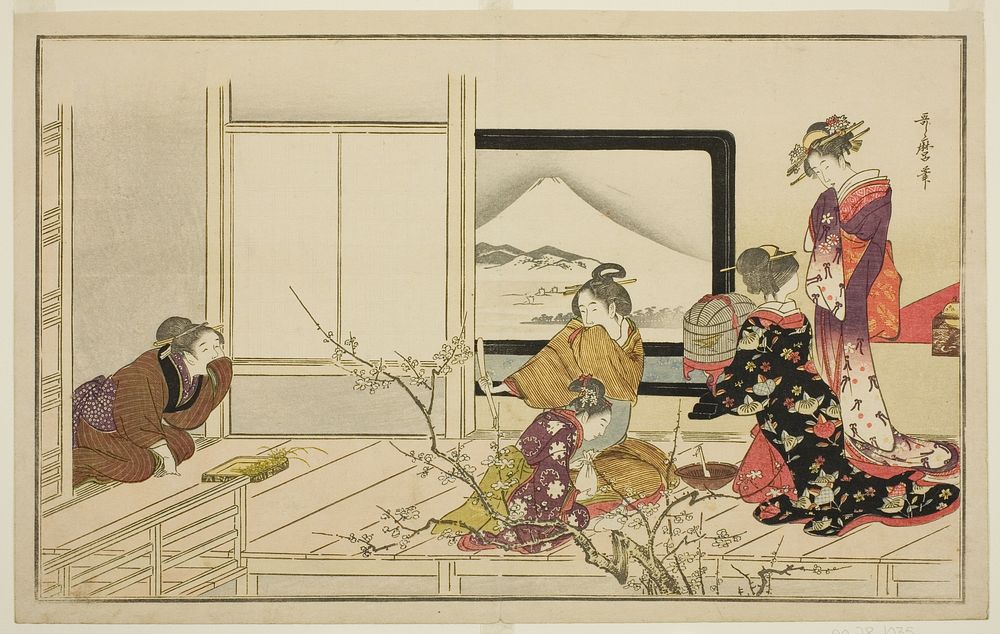 Preparing Food for a Nightingale, from the illustrated kyoka anthology "Men's Stamping Dance (Otoko toka)" by Kitagawa…