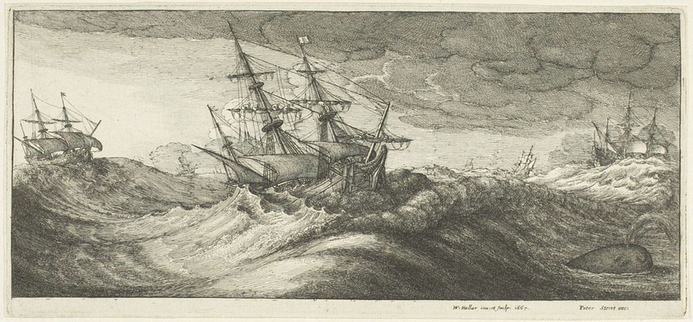 Warships and a Spouting Whale by Wenceslaus Hollar