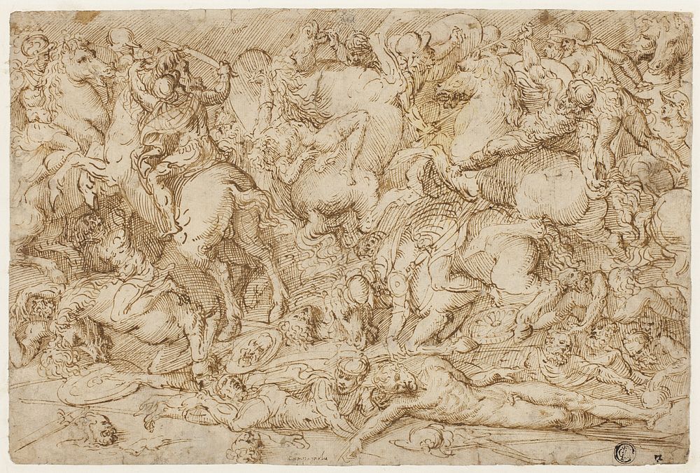Battle Scene with Horses and Men by Domenico Campagnola