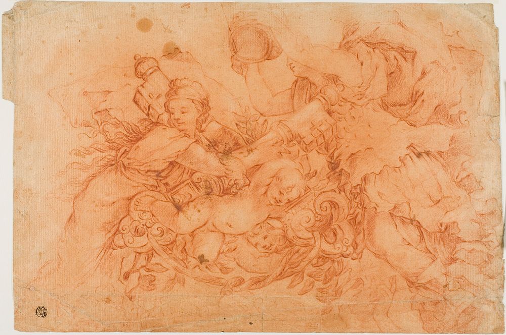 Allegorical Figures Holding the Papal Insignia, study after the Allegory of Divine Providence in Palazzo Barberini in Rome…