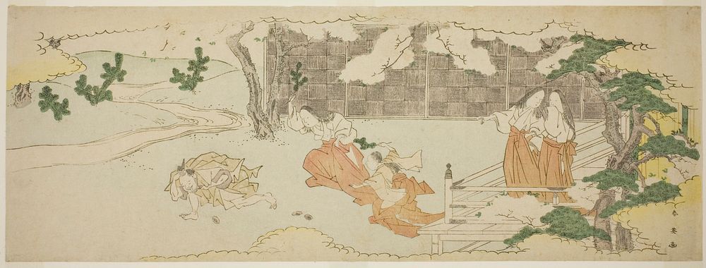 Court Ladies on a Balcony Watching a Woman and a Girl Chasing a Man in the Yard under Blossoming Cherry Trees by Katsukawa…