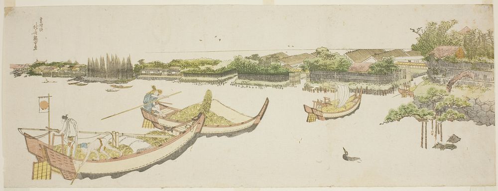Boats transporting rice on the Sumida River by Katsushika Hokusai
