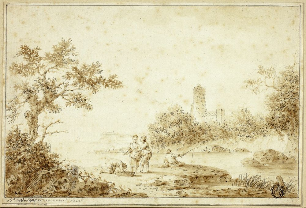 Landscape with Figures by Stream by Pierre Joseph Wallaert