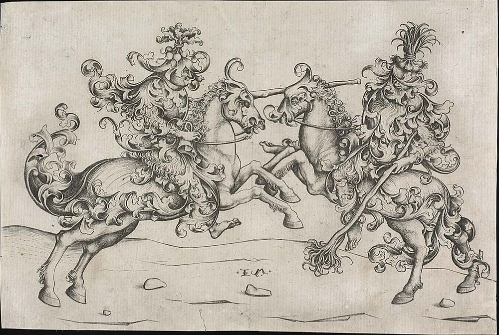 Combat of Two Wild Men on Horseback by Israhel van Meckenem, the younger