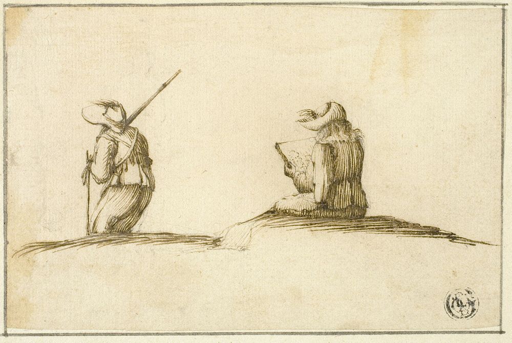 Artist Sketching, and Soldier, Both Seen from Back by Stefano della Bella