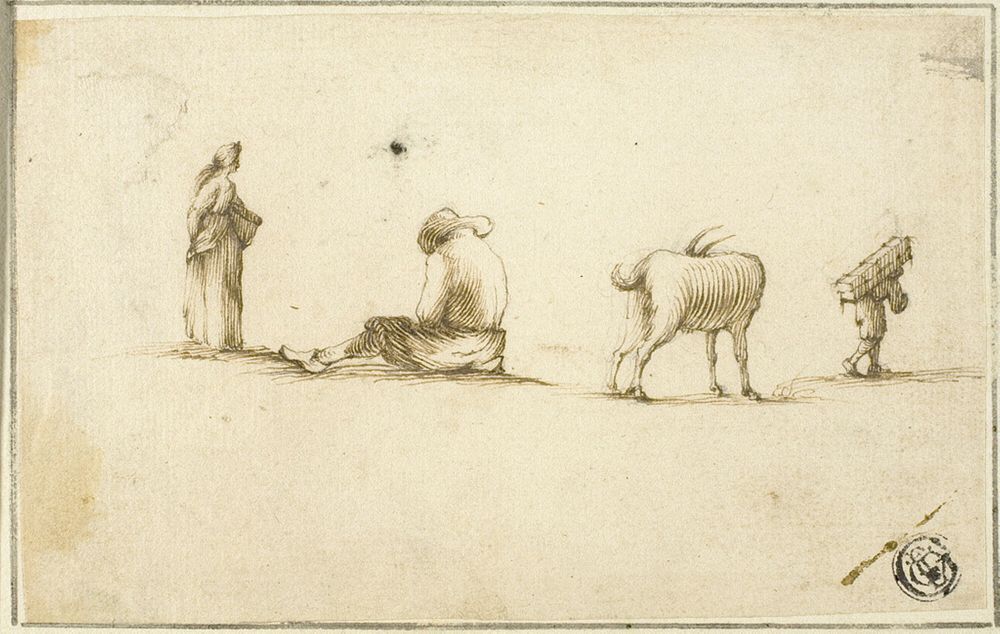 Sketches of Standing Woman, Seated Man, Goat, and Man Carrying Box on Back by Stefano della Bella
