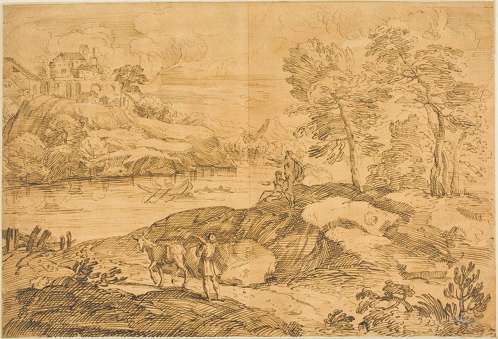 River Landscape with Man and Donkey, Bathers by Andrea Locatelli