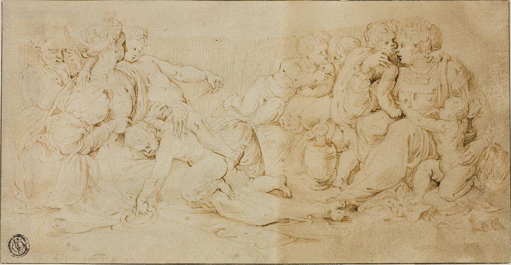 Seated Women, Children, and Old Man by Unknown Cremonese
