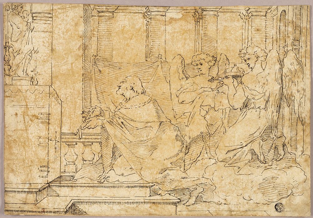 Saint Kneeling before Altar with Statue of Madonna and Child by Style of Sébastien Bourdon