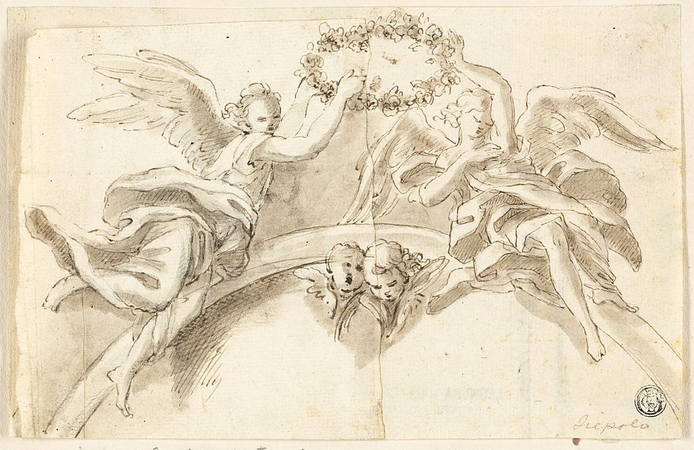Arch with Two Angels Holding Garland by Style of Francesco Solimena