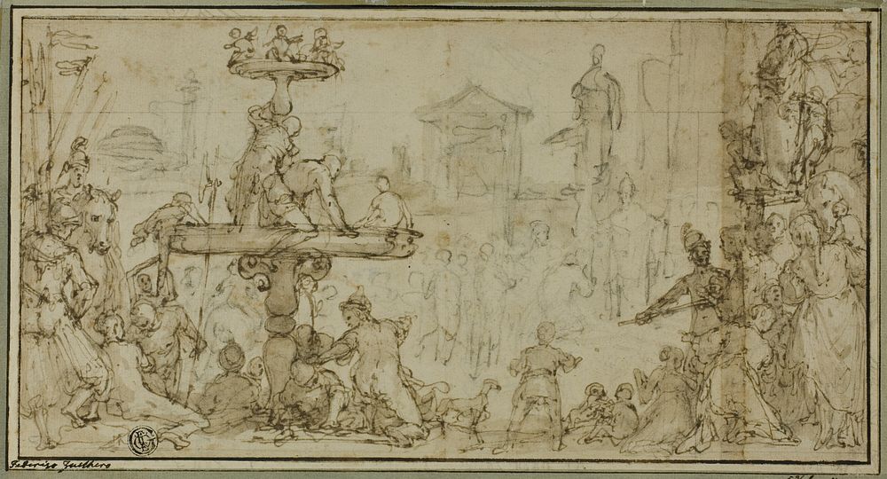 A Pope Receiving a Dignitary in a Public Place (recto) Caricatures of Heads (verso) by Federico Zuccaro