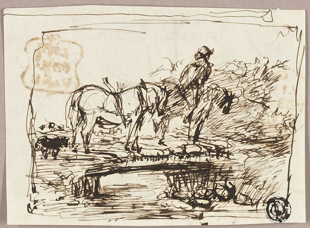 Sketch of Horses Crossing Bridge by John Burnet