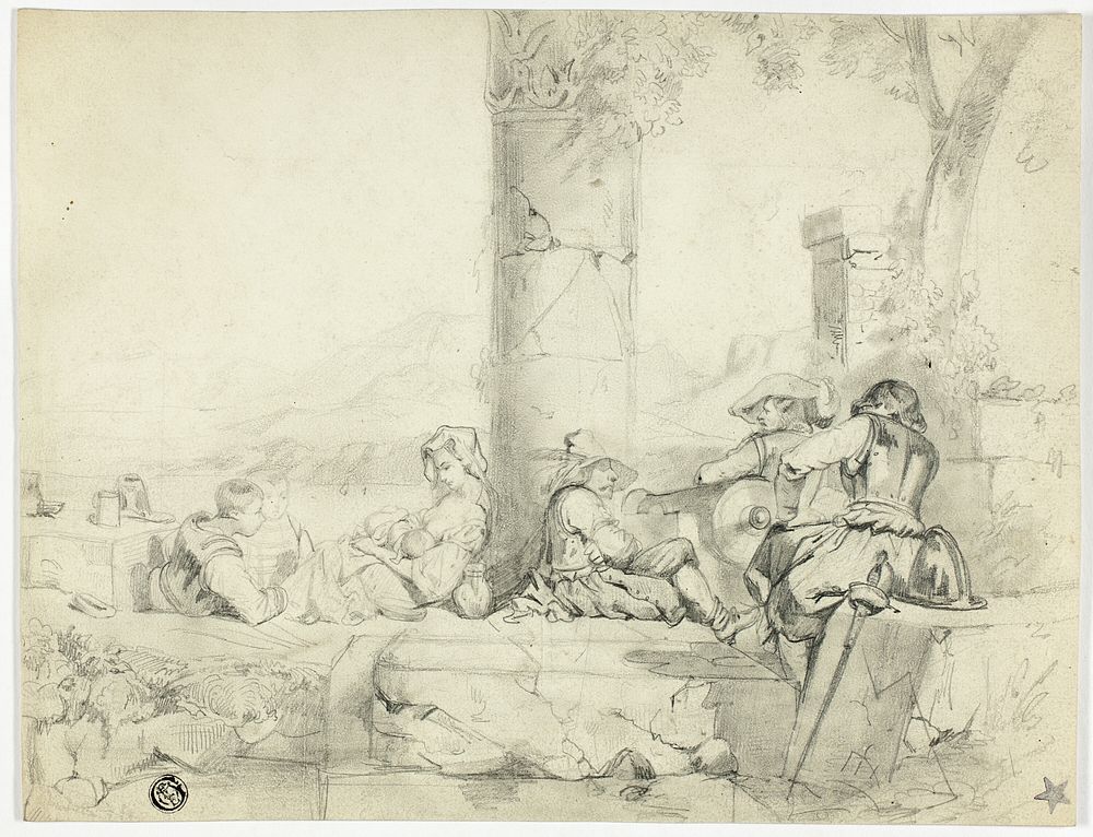 Children, Woman with Infant and Three Soldiers Sitting Among Ruins by Lake by George Cattermole