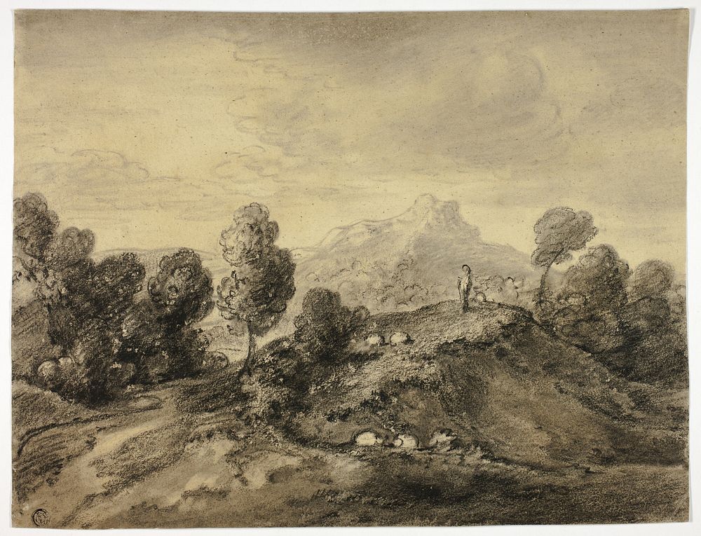 Hilly Landscape with Shepherd and Flock by Style of Thomas Gainsborough