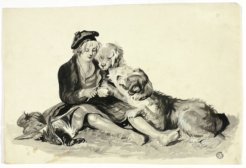 Highland Boy and Dogs by Style of John Frederick Herring, I