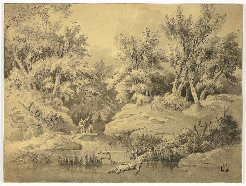 Two Figures Punting on Woodland Stream by William Henry Pyne