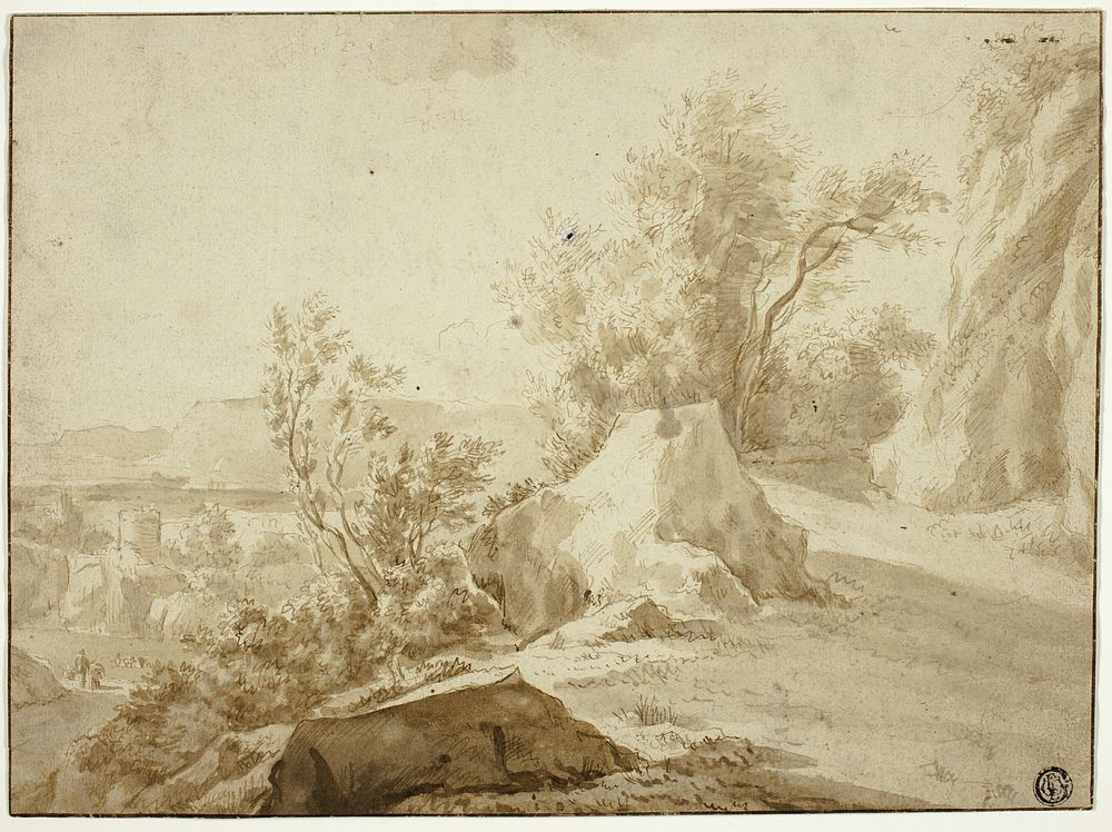 Rocks and Mountain Path, Figures and Town Below by Bartholomeus Breenbergh