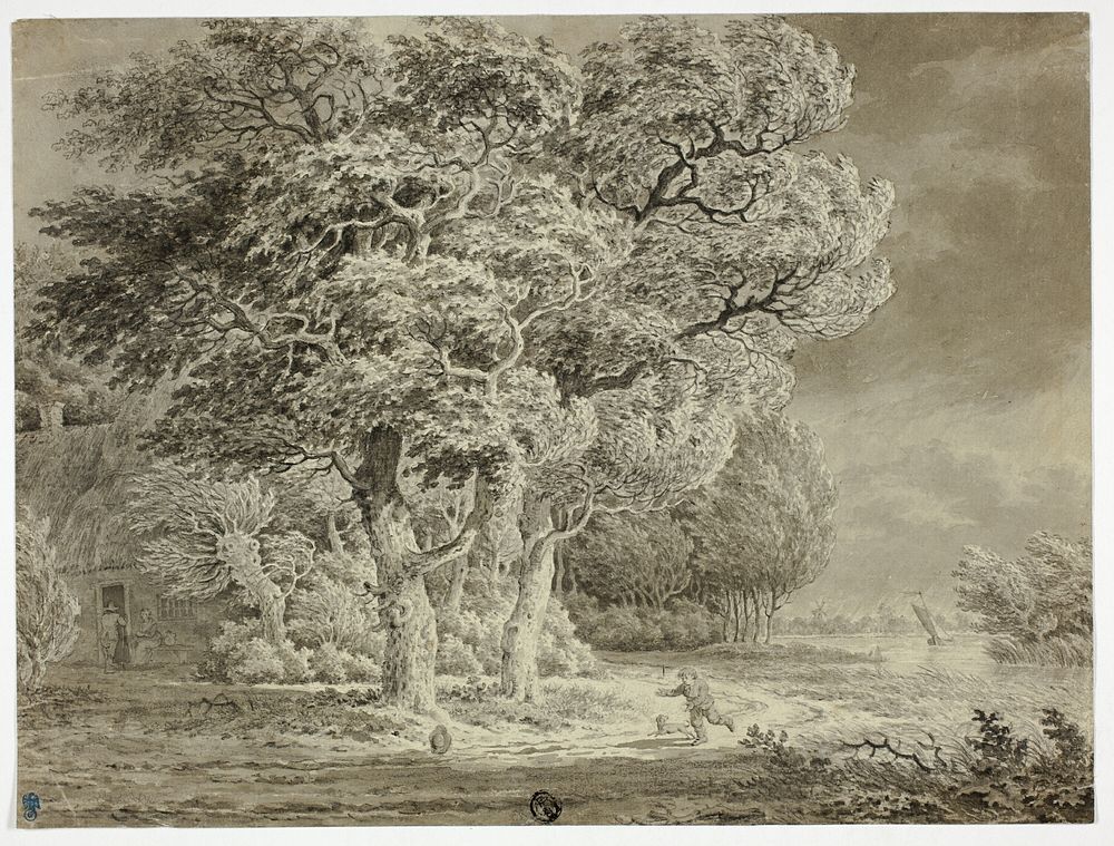 Approaching Storm; Wind Blown Trees; Boy and Dog Running Home by Circle of Egbert van Drielst