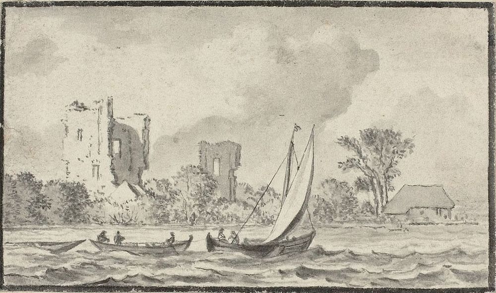 Three Boats on a River with Ruins Along the Shore by Allart van Everdingen