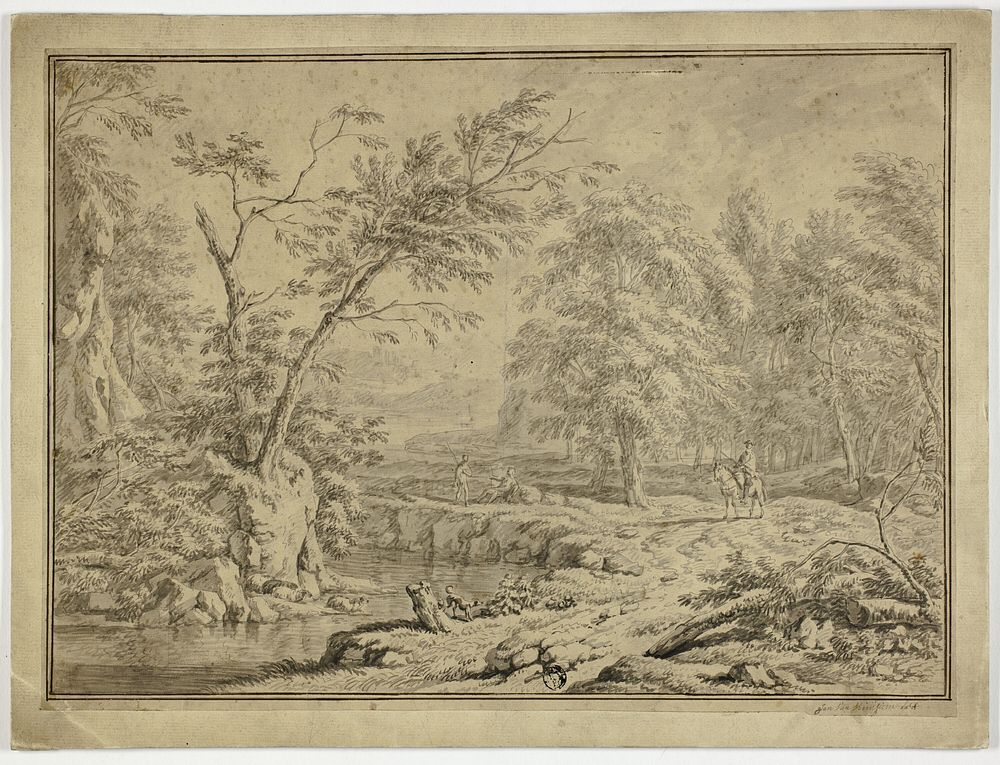 Landscape with Shepherds by River and Man on Horseback by Jan van Huysum