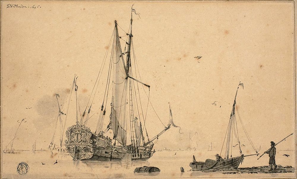 Harbor Scene with Ships and Fisherman by Sieuwert van der Meulen