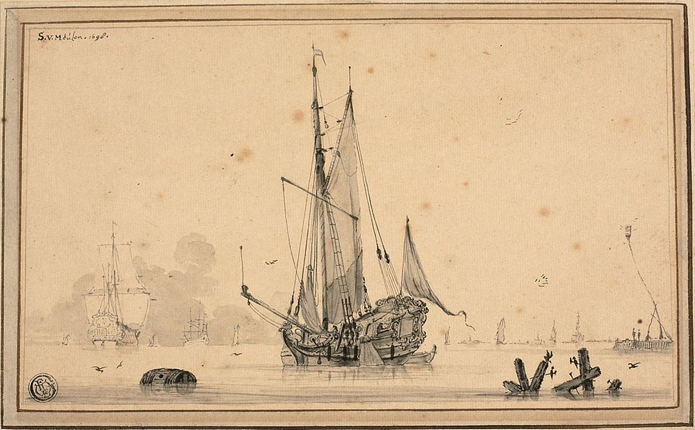 Harbor Scene with Ships at Rest and Piling by Sieuwert van der Meulen