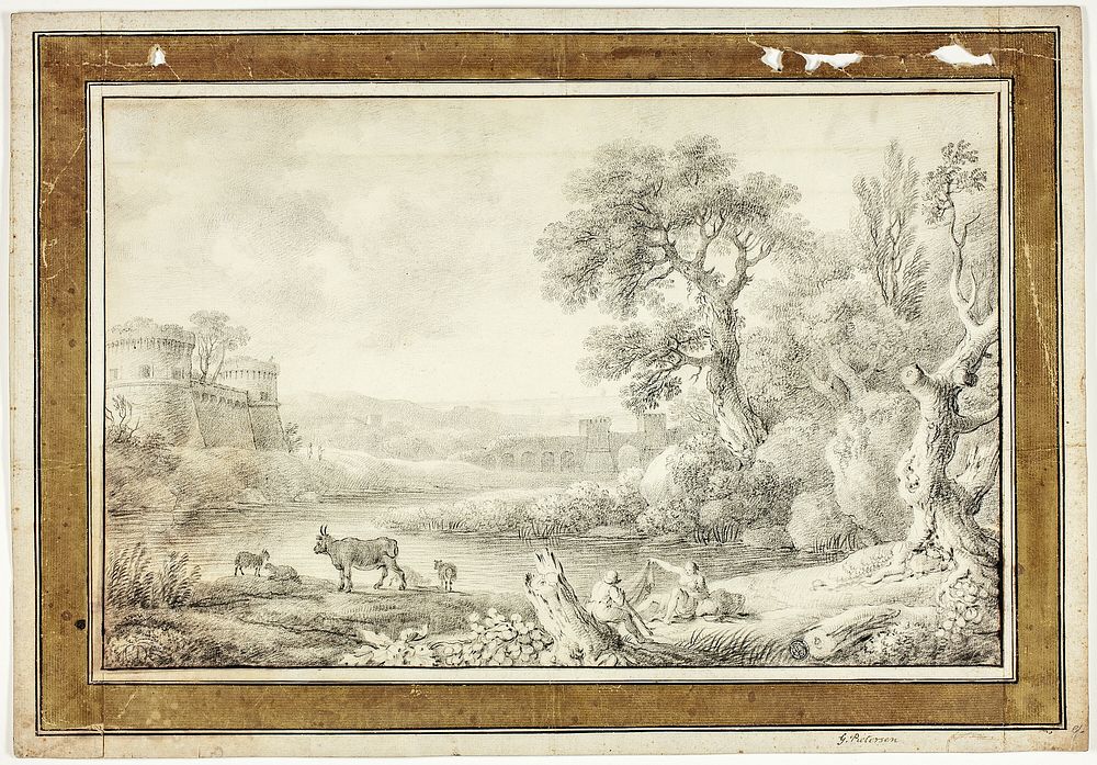 Couple, Bull and Sheep by River with Castles in Background by Gerrit Pietersz. Sweelinck