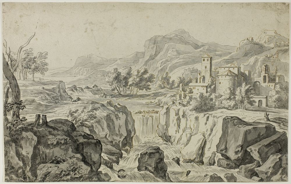 Italianate Landscape with Waterfall and Buildings by Gerrit Rademaker