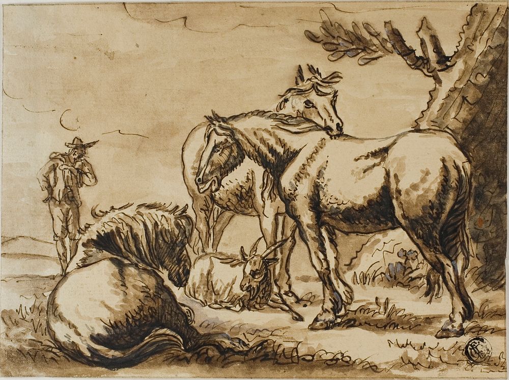 Horses, Goat and a Man by Dirck Stoop