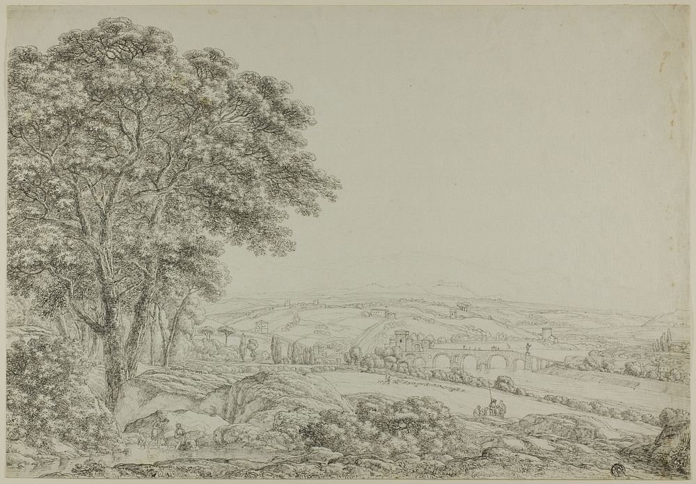 Wooded Pond with Bathing Figures, Vista of River Bridge, and Farms by Wilhelm Alexander Wolfgang von Kobell