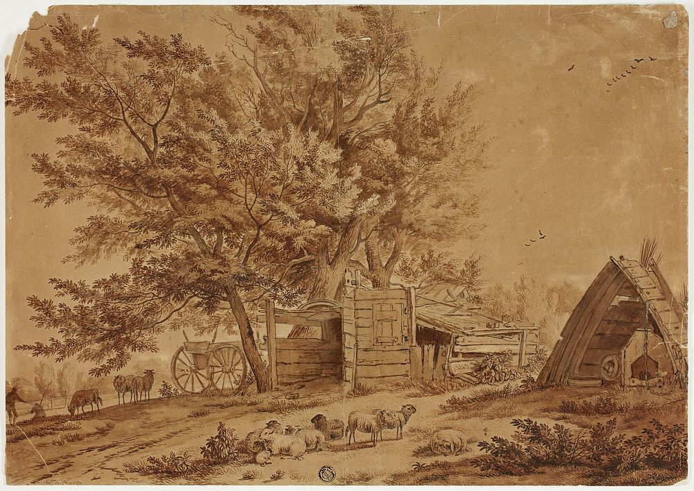 Rustic Scene with Sheep, Sheds, and Spreading Trees by Jan van der Meer, the Younger