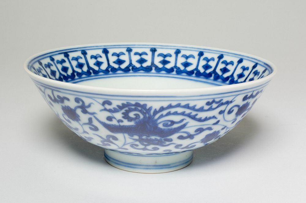One of a Pair of Blue and White 'Phoenix' Bowls