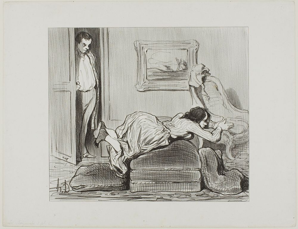 A zealous student practicing at home, plate 6 from Les Baigneuses by Honoré-Victorin Daumier