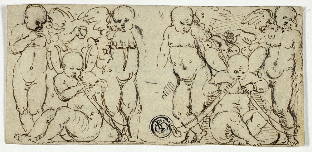 Two Decorative Groups of Putti with Trumpets and Fruit by Unknown artist