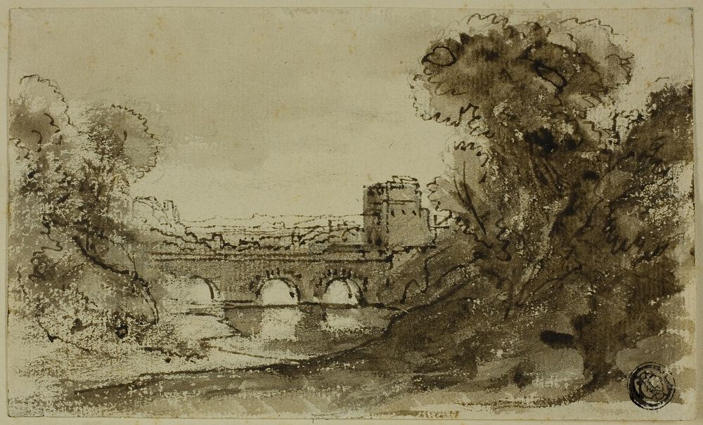 Italianate River Landscape with Bridge with Tower by Claude Lorrain