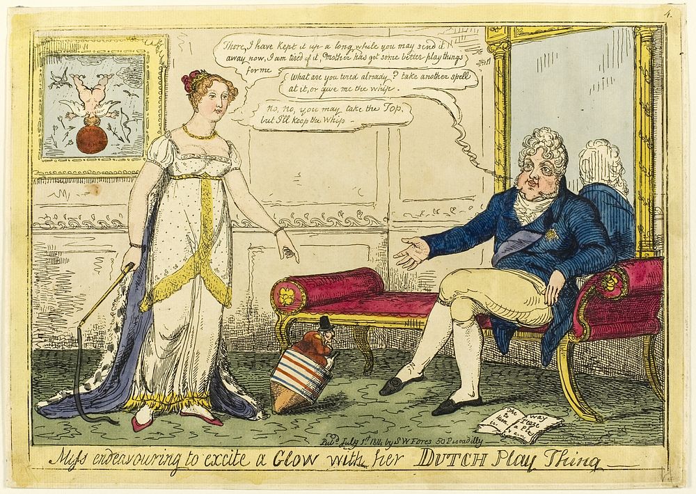 Miss Endeavouring to Excite a Glow with Her Dutch Play Thing by Isaac Robert Cruikshank