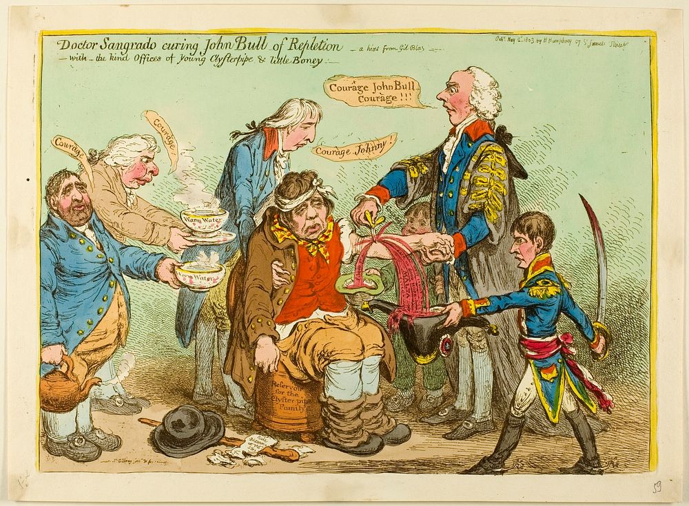 Doctor Sangrado Curing John Bull of Repletion-With the Kind of Offices of Young Clysterpipe & Little Boney by James Gillray