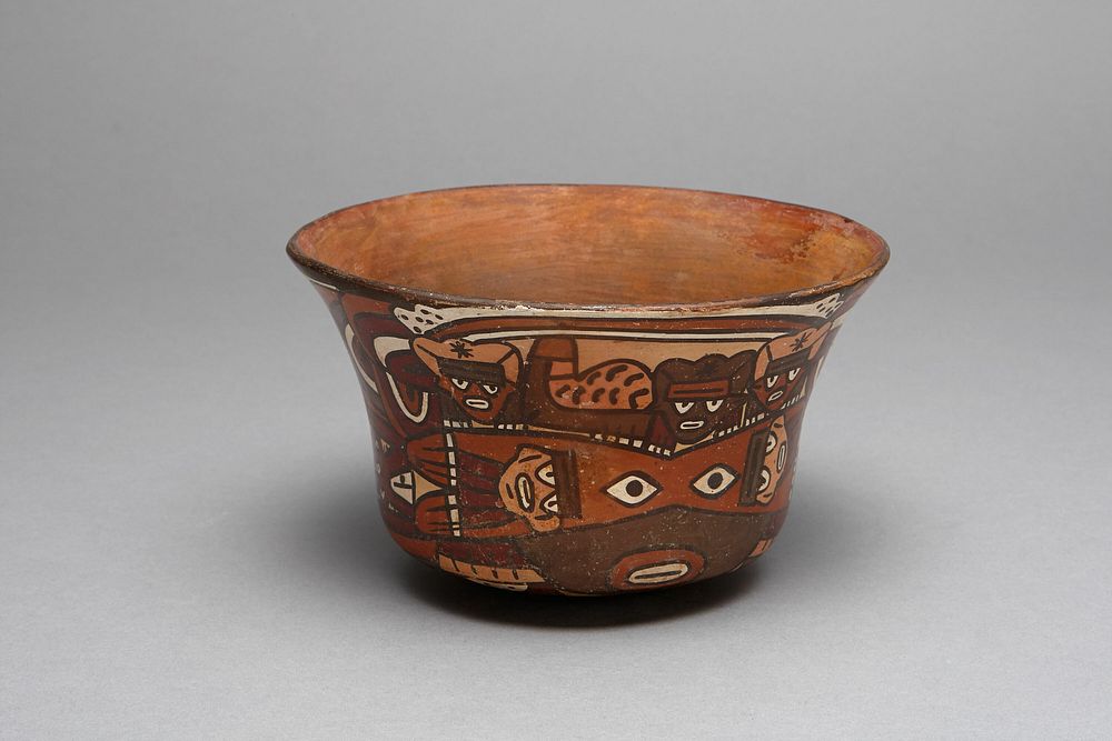 Bowl Depicting a Figure Wearing a Headdress Containing Fish and Small Beings by Nazca