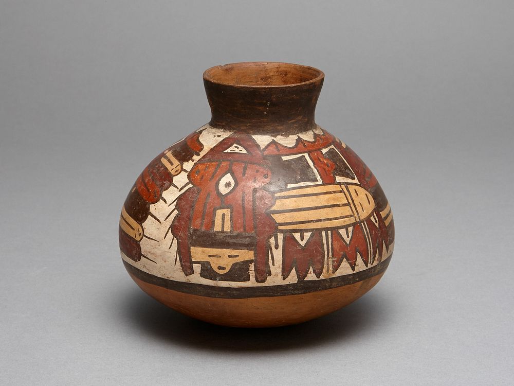 Jar Depicting Performer Wearing an Abstract Bird Costume by Nazca